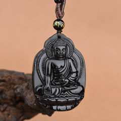Colgante de diente de lobo de Guan Gong de obsidiana natural: collar amuleto de la paz del año Benming del zodíaco
