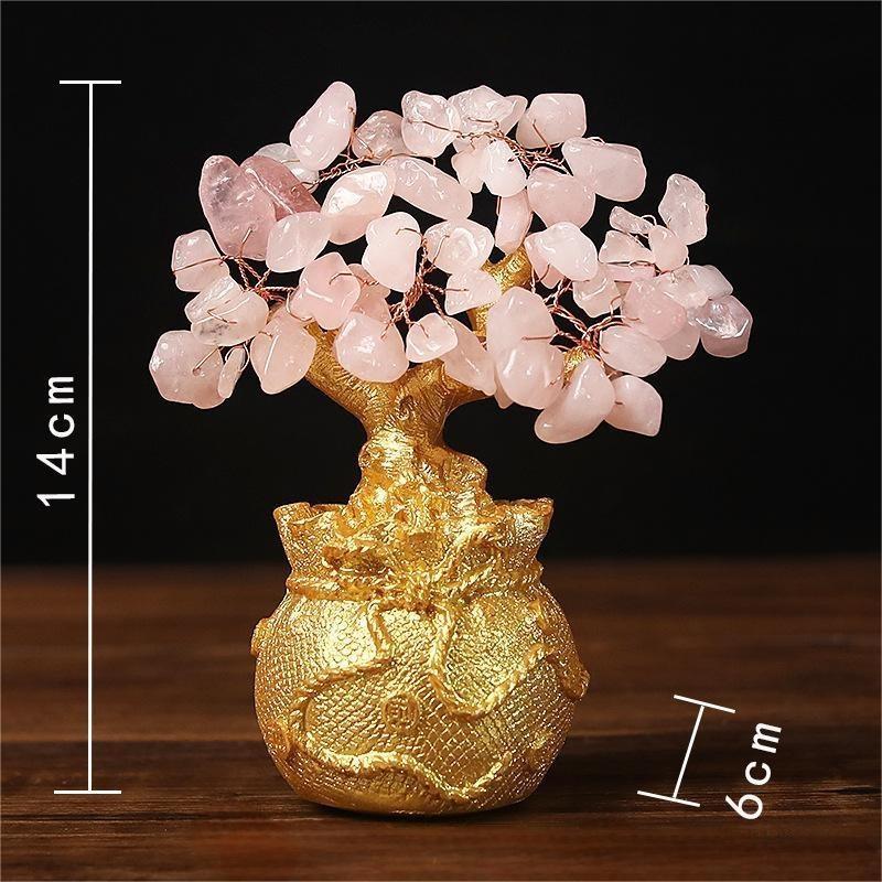Rose Quartz Money Tree – pale pink crystals on gold base without hanging coins, romance energy decor