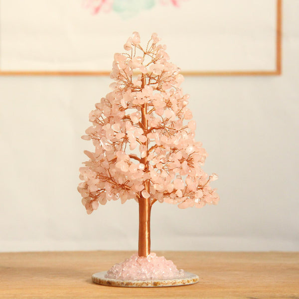 Crystal Money Tree – Pink rose quartz on agate base, wealth abundance decor