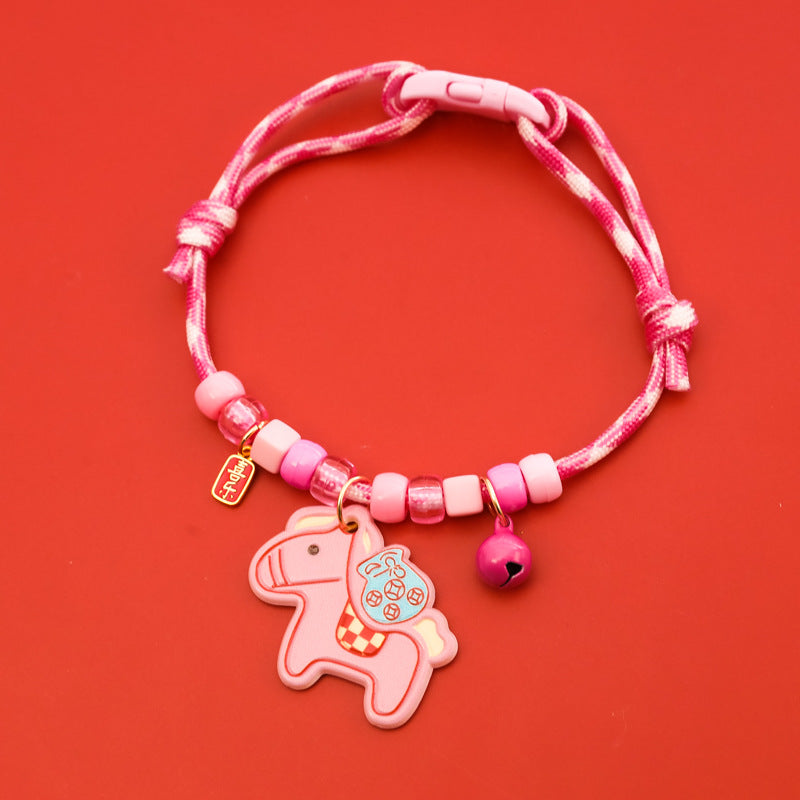 Horse Pet Collar – Pink-white rope with pink horse pendant, fu tag & magenta bell, zodiac cute collar