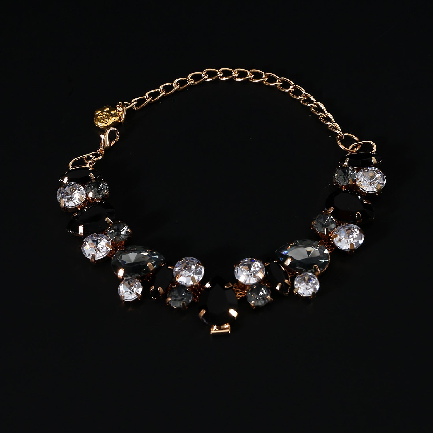 Pet Crystal Necklace – Rose gold black and clear crystal bib collar on black, elegant pet jewelry