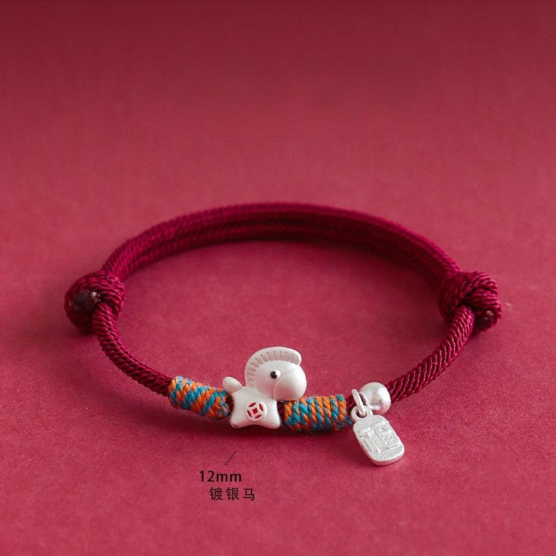 Year of the Horse Bracelet – Red cord silver horse charm with Fu tag on red, handmade bracelet