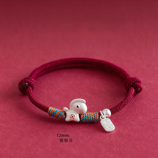Year of the Horse Bracelet – Red cord silver horse charm with Fu tag on red, handmade bracelet