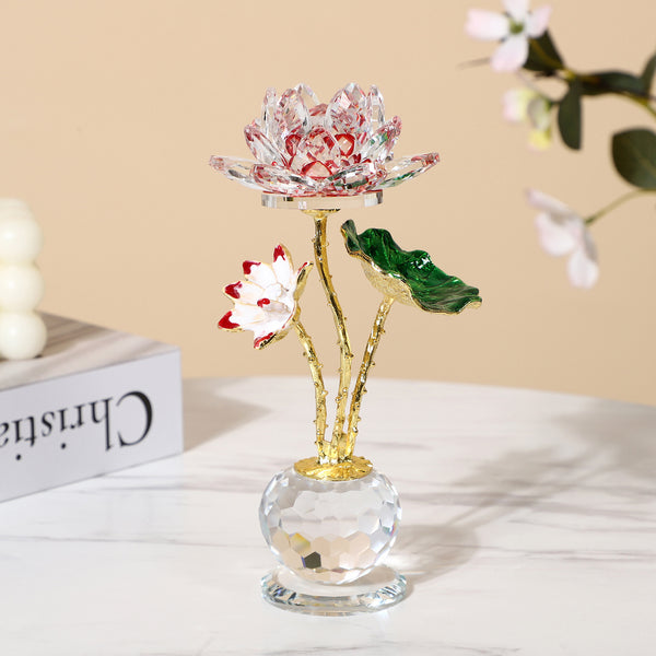 Crystal Lotus – red crystal lotus bloom with gold branches and green enamel leaf, crystal sphere base, gift decor