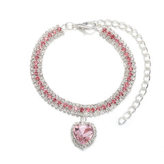 Rhinestone Pet Collar – Pink crystal 3-row band with heart pendant halo, silver bling dog necklace