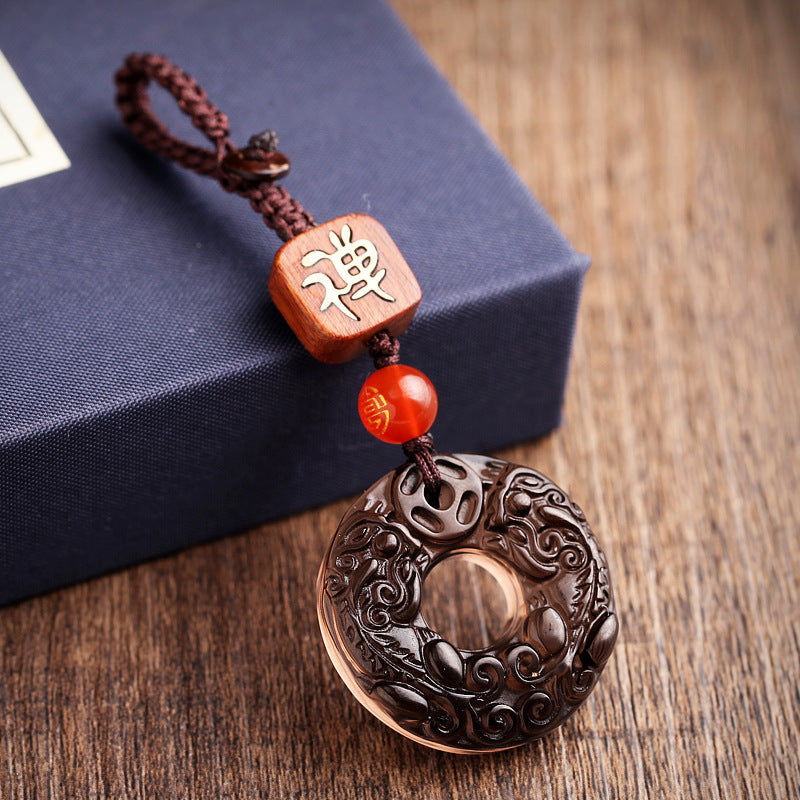 Pixiu Obsidian Keychain – zen-calligraphy wood bead and red agate accent with pixiu pendant, Buddhist keychain