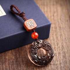 Pixiu Obsidian Keychain – zen-calligraphy wood bead and red agate accent with pixiu pendant, Buddhist keychain