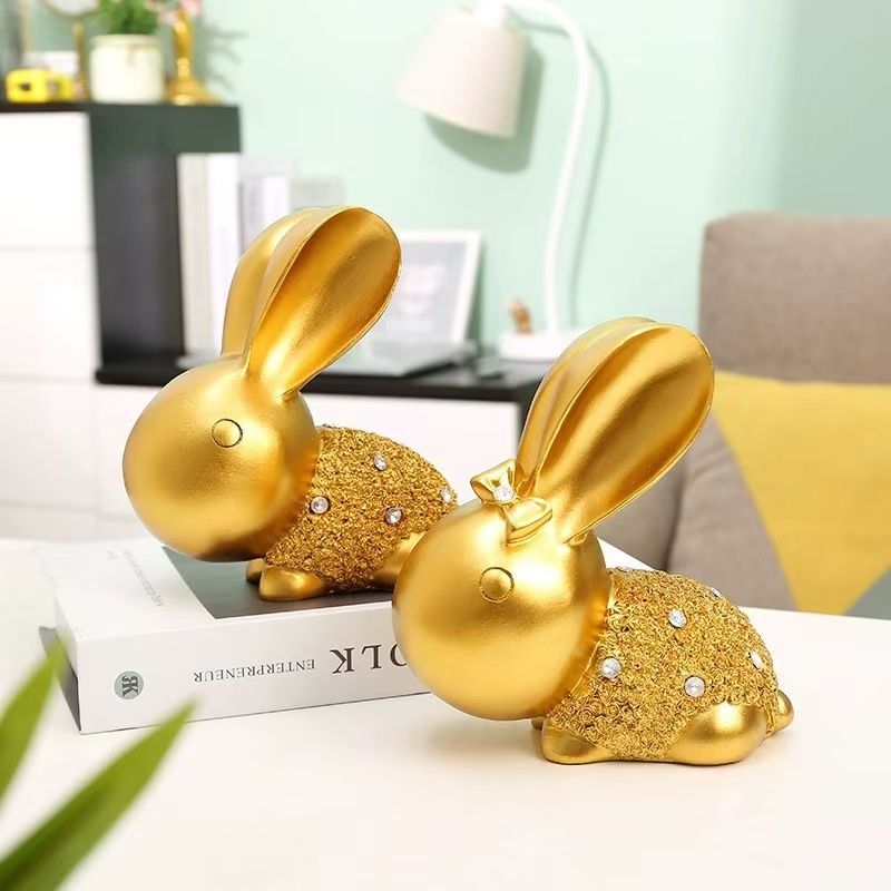 Lucky Rabbit Statue – two golden crystal rabbits in modern living room setting, prosperity home decor