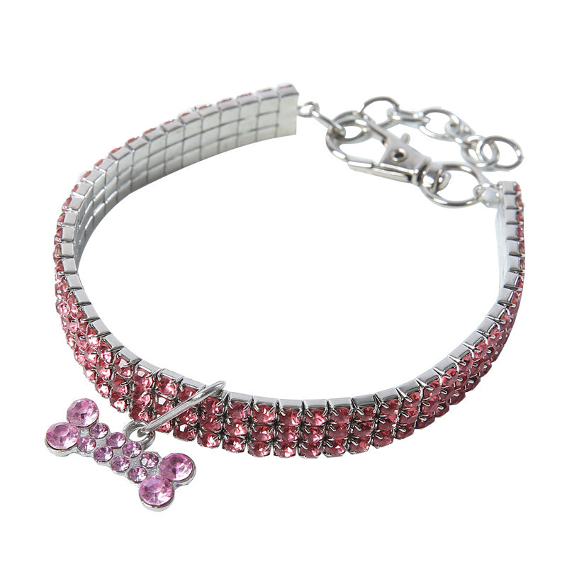 Pink Rhinestone Stretch Pet Collar – Rose pink crystal 3-row band with bone charm, elastic fit dog jewelry