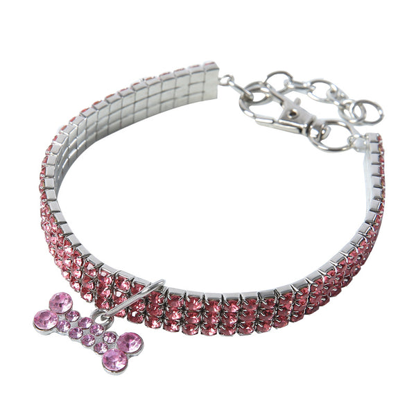 Pink Rhinestone Stretch Pet Collar – Rose pink crystal 3-row band with bone charm, elastic fit dog jewelry