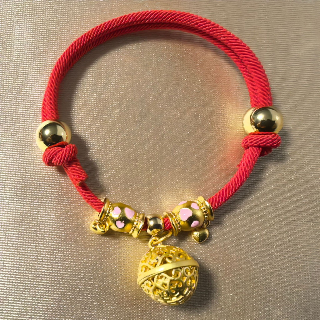 Feng Shui Bell Collar - Red cord with gold filigree ball and heart enamel beads, adjustable lucky pet collar