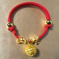 Feng Shui Bell Collar - Red cord with gold filigree ball and heart enamel beads, adjustable lucky pet collar