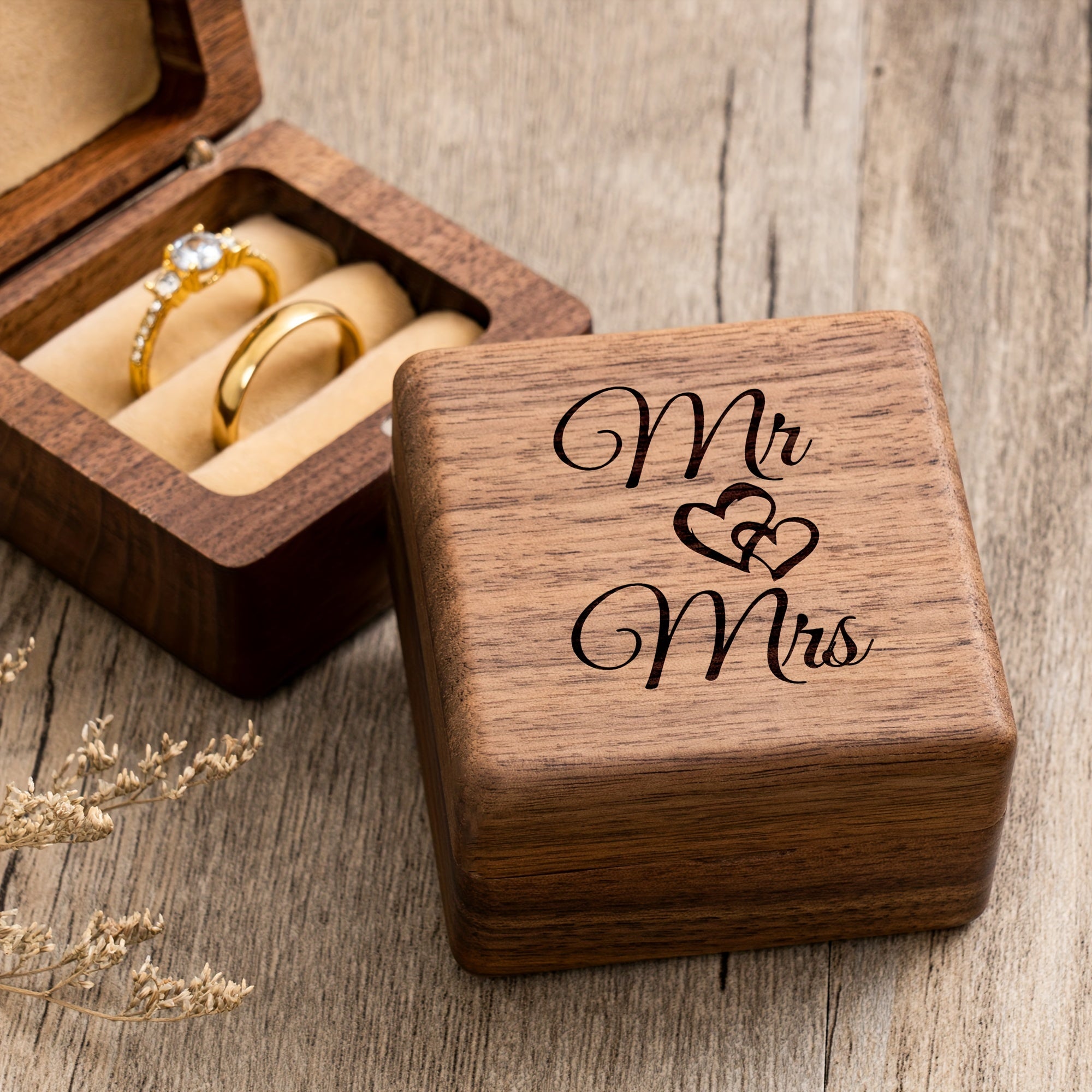 Walnut Wood Ring Box – Mr and Mrs with interlocking hearts design, love keepsake