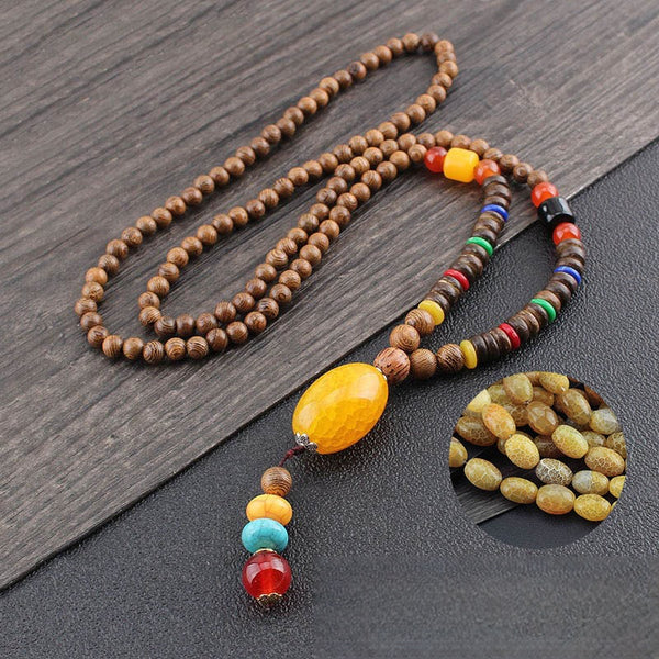 Wenge Mala Necklace – wooden beads with yellow barrel pendant and bead tassel material close-up inset shown