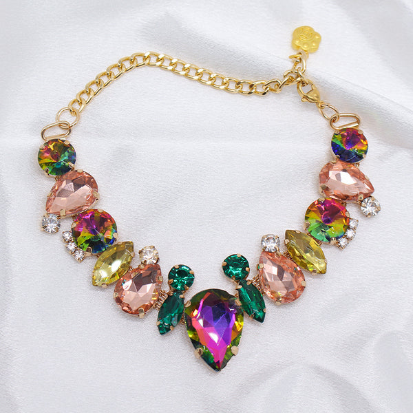 Princess Crystal Pearl Pet Collar – rainbow iridescent crystal bib necklace, gold chain, rose charm, white fabric