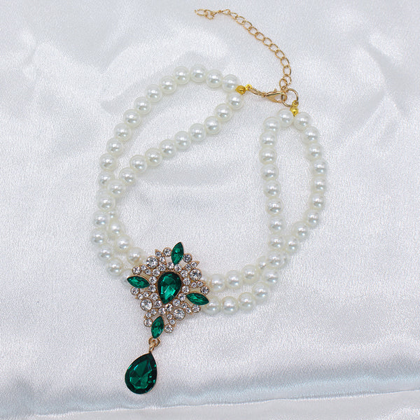Elegant Pearl Crystal Collar – Double-layer pearl collar with green teardrop crystal pendant, white satin