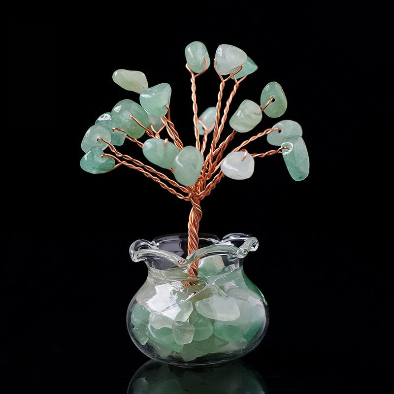 Mini Wealth Tree – green aventurine crystal tree in glass geode vase, copper branches, black background, lucky decor