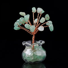 Mini Wealth Tree – green aventurine crystal tree in glass geode vase, copper branches, black background, lucky decor