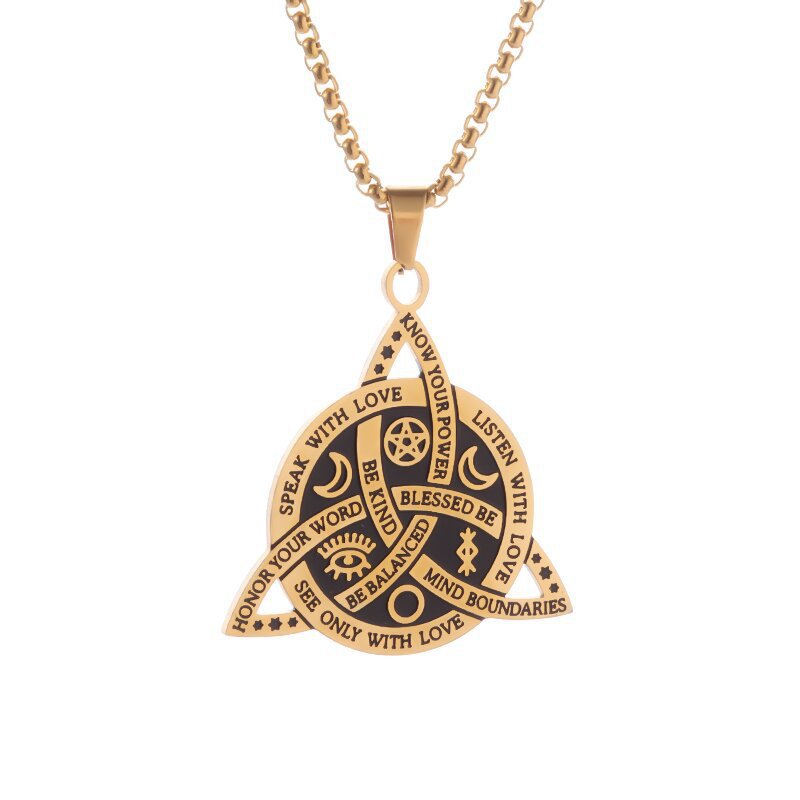 Celtic Moon Star Necklace – gold triquetra pendant with moon star engraving on white, spiritual necklace