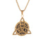 Celtic Moon Star Necklace – gold triquetra pendant with moon star engraving on white, spiritual necklace