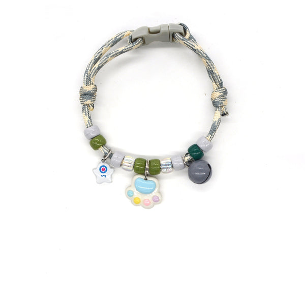 Cute Pet Collar – Gray-cream rope with target star, pastel paw & gray bell, artisan pet collar
