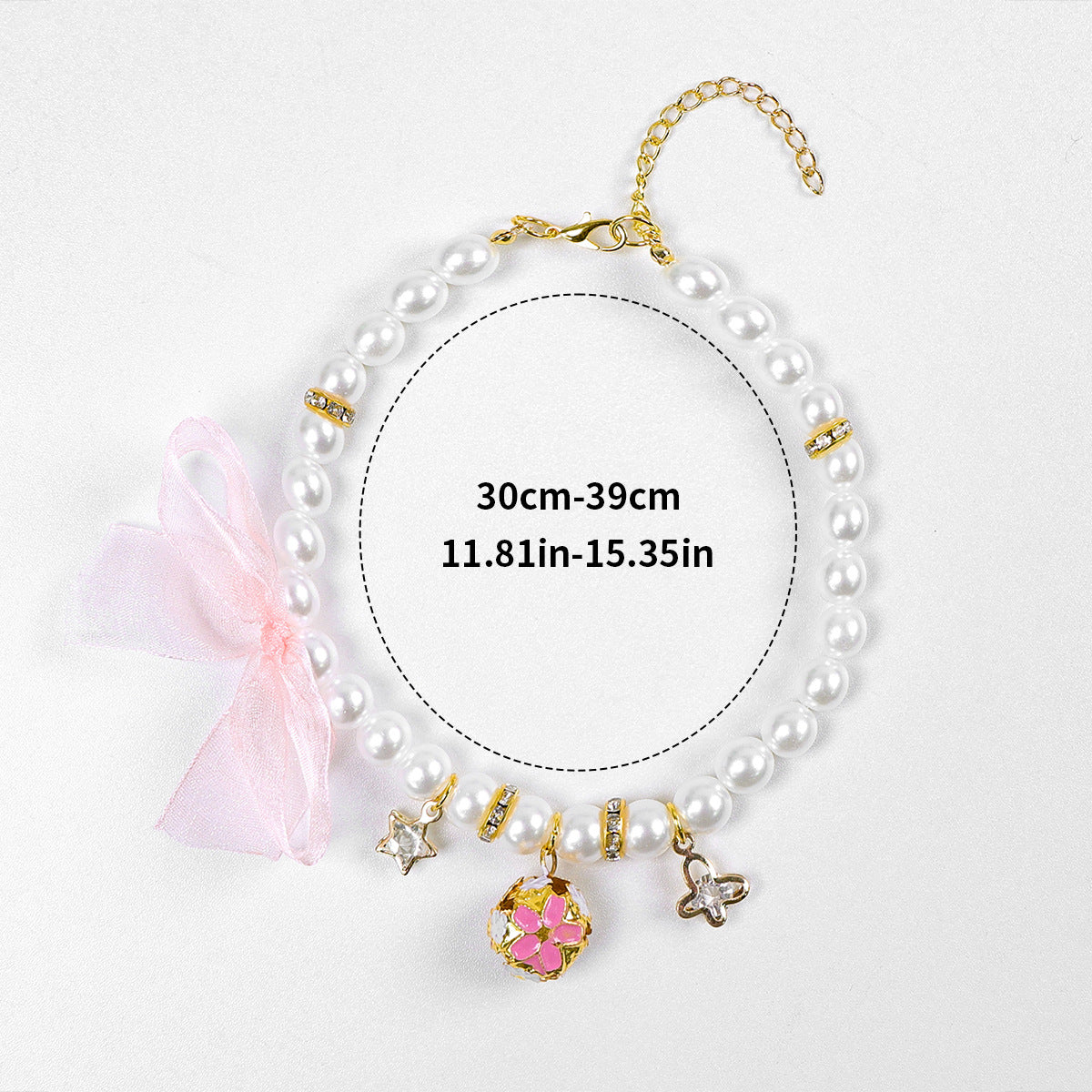 Luxury Crystal Pet Necklace – pearl strand with pink flower star butterfly charms, pink organza bow, 30-39cm
