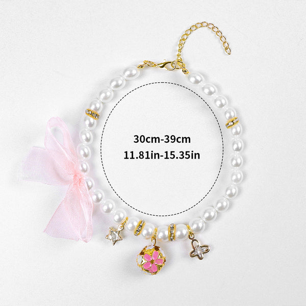 Luxury Crystal Pet Necklace – pearl strand with pink flower star butterfly charms, pink organza bow, 30-39cm