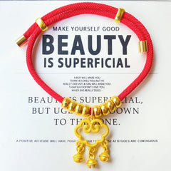 Longevity Lock Pet Collar - Red cord with gold ruyi cloud frame and three bell pendants, feng shui lucky pet collar