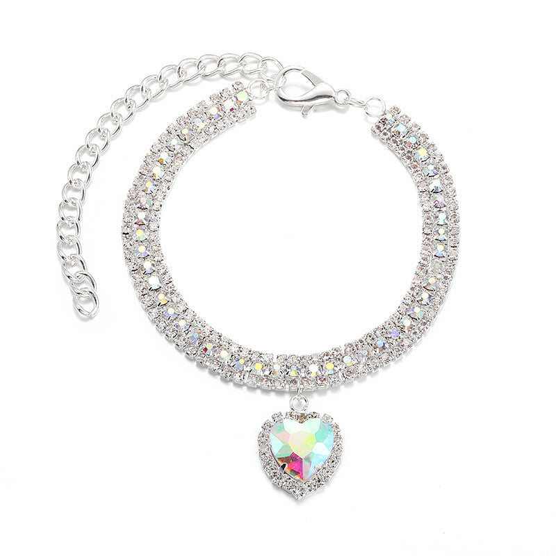 AB Crystal Pet Collar – Aurora borealis iridescent rhinestones with rainbow heart pendant, glam pet jewelry