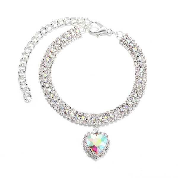 AB Crystal Pet Collar – Aurora borealis iridescent rhinestones with rainbow heart pendant, glam pet jewelry