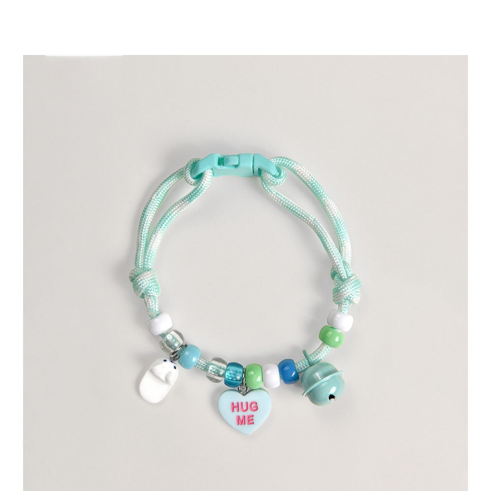 Adjustable Cat Collar – Mint green braided rope with hug me heart, shoe & bell charms, soft pet collar