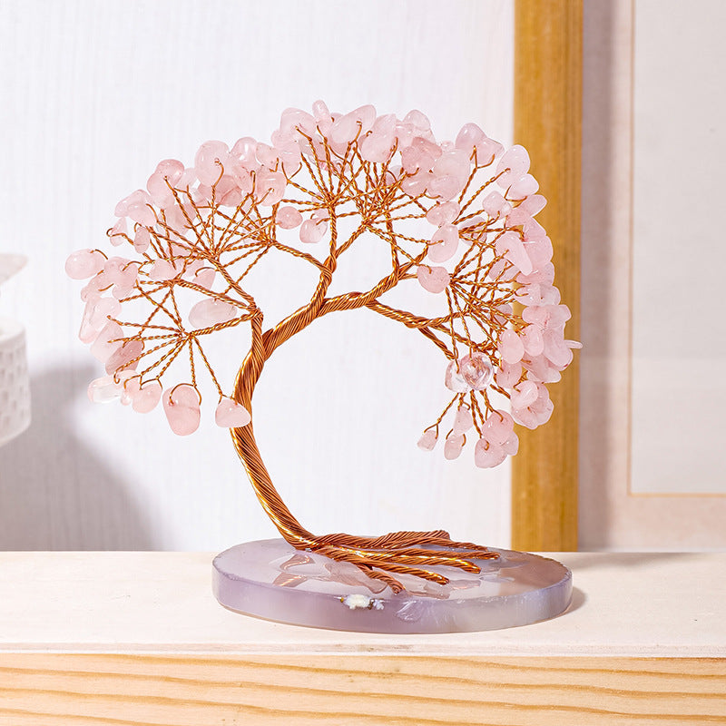 Chakra Crystal Tree – rose quartz pink gemstone tree on agate slice base, copper wire, white interior home decor