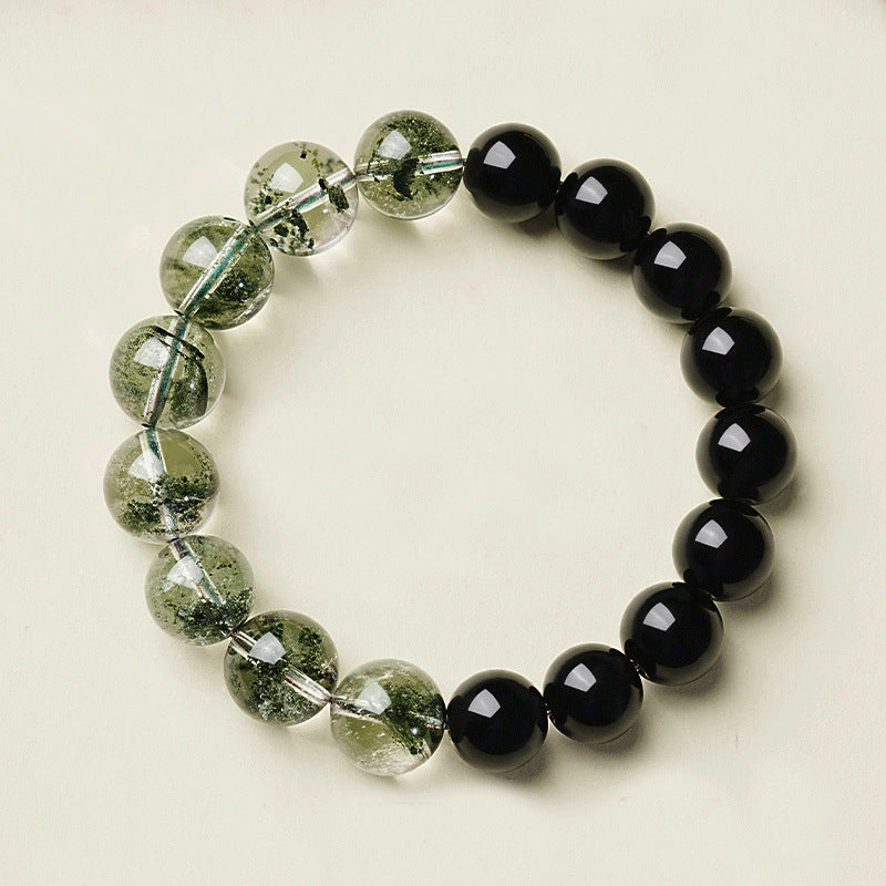 Obsidian Green Phantom Bracelet – close-up detail of green phantom quartz inclusions and obsidian