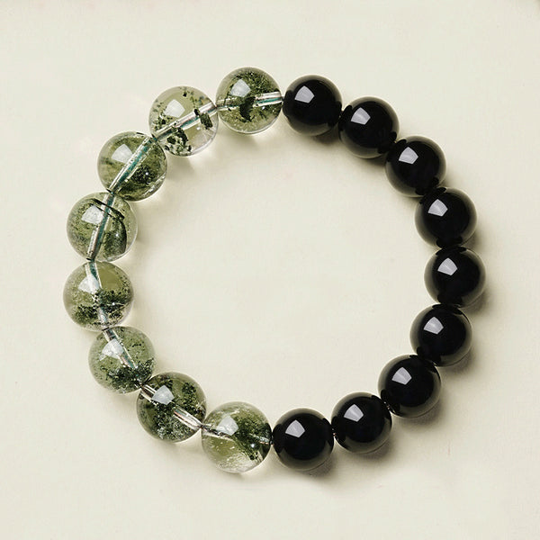 Obsidian Green Phantom Bracelet – close-up detail of green phantom quartz inclusions and obsidian