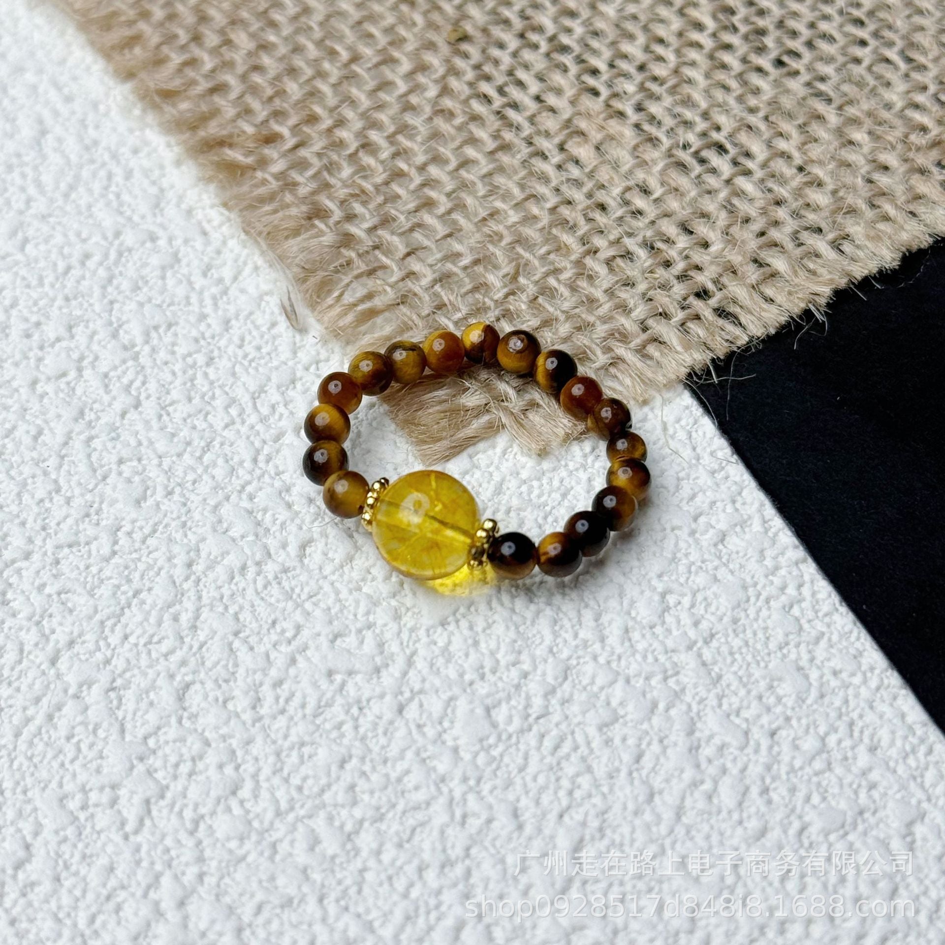 Tiger Eye Beaded Ring – Tiger eye beads with golden rutilated quartz center on burlap, prosperity jewelry
