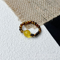 Tiger Eye Beaded Ring – Tiger eye beads with golden rutilated quartz center on burlap, prosperity jewelry