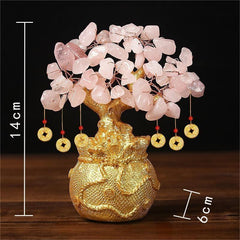 Rose Quartz Money Tree – pink crystal leaves on golden base with size marks, love abundance feng shui