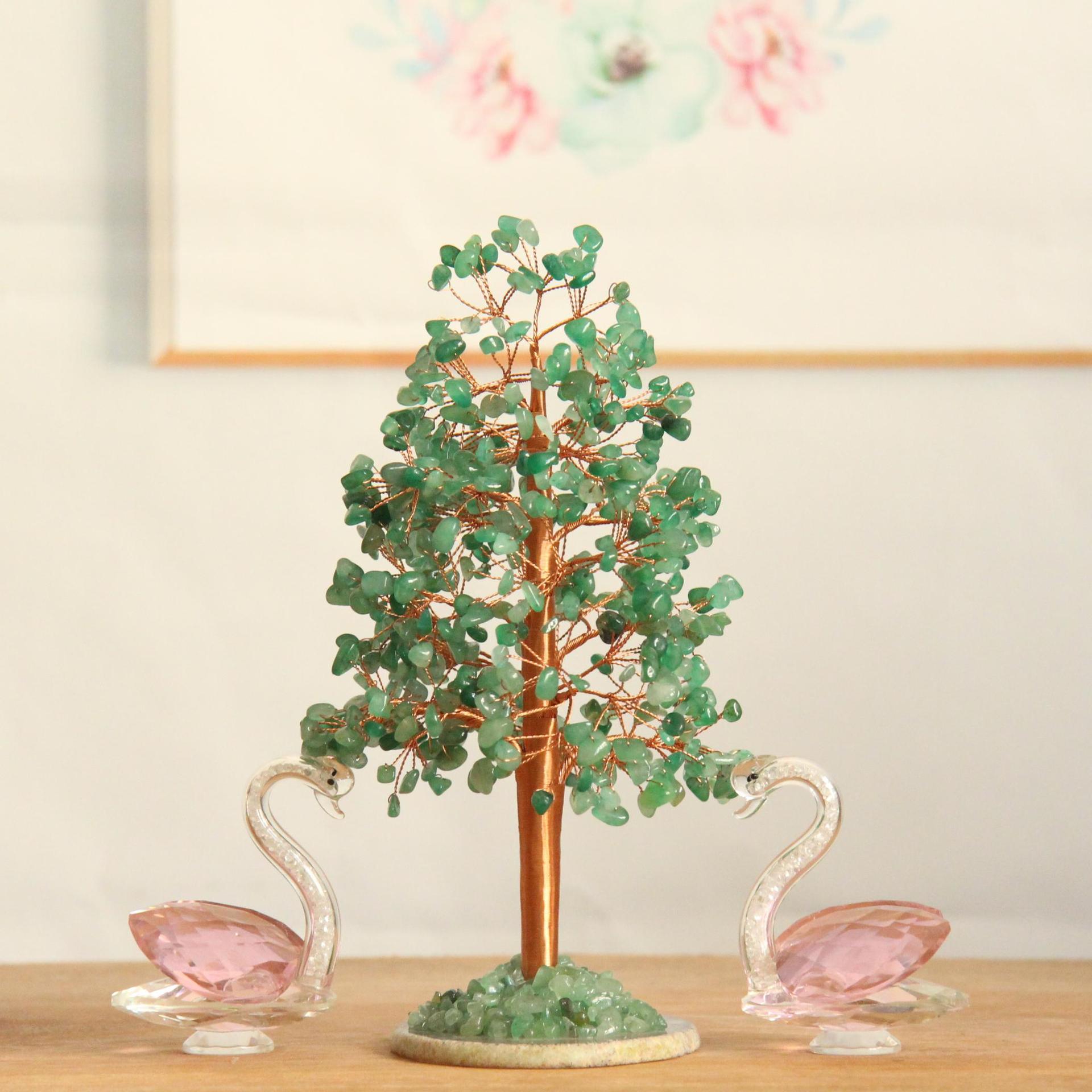 Crystal Money Tree – Green aventurine with crystal swans, home office decor