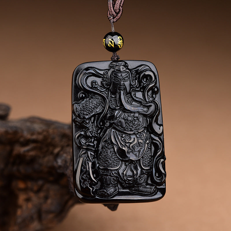 Obsidian Pendant – standing Guan Gong plaque, full body armor Green Dragon Blade, rectangular detailed carving wealth protector