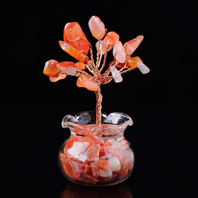 Mini Wealth Tree – red carnelian crystal tree in glass pot, copper wire branches, black background, energy stone decor