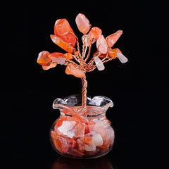 Mini Wealth Tree – red carnelian crystal tree in glass pot, copper wire branches, black background, energy stone decor
