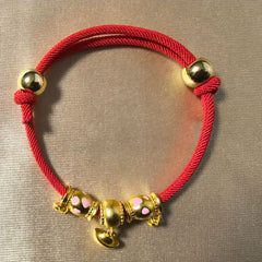 Feng Shui Bell Collar - Red cord with gold yuanbao charm and heart enamel beads, adjustable feng shui pet necklace