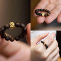 Agarwood Ring – collage showing gold square charm detail from multiple angles, purification beads