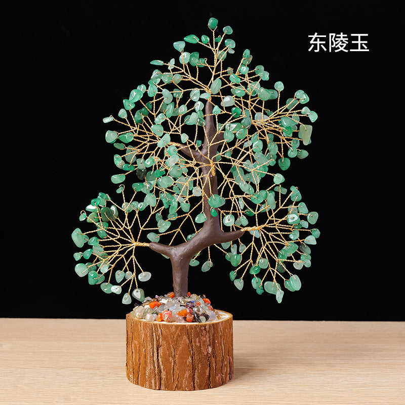Colorful Crystal Wealth Tree – Green aventurine on wood base, wealth decor