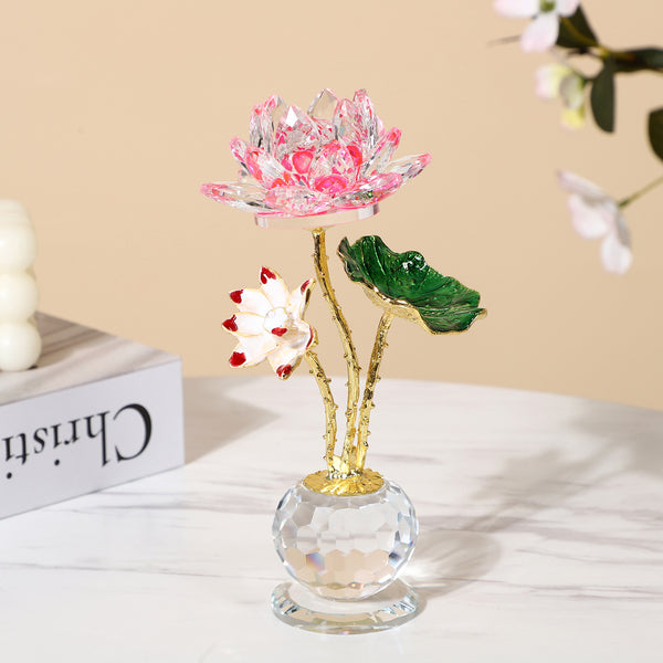Crystal Lotus – pink crystal lotus flower with gold stem and white bud, crystal ball base, home harmony accent