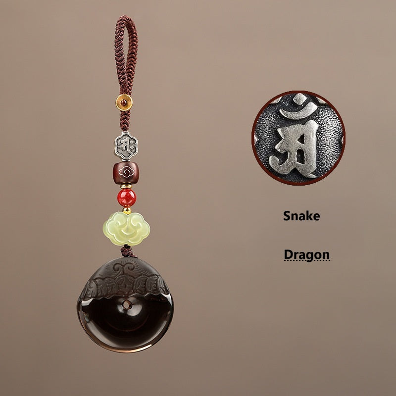 Pixiu Keychain – Dragon & Snake zodiac glyph on ice obsidian disc, protection keychain Image principale du produit