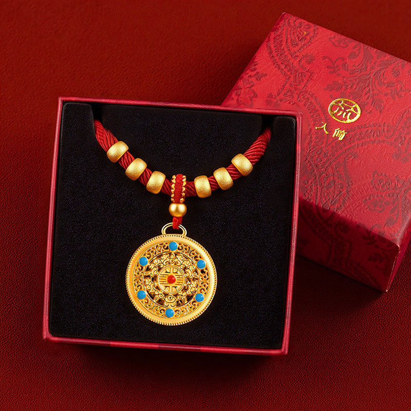 CNY Red Rope Pet Collar - Gold filigree medallion on red cord in gift box, luxury CNY feng shui pet collar
