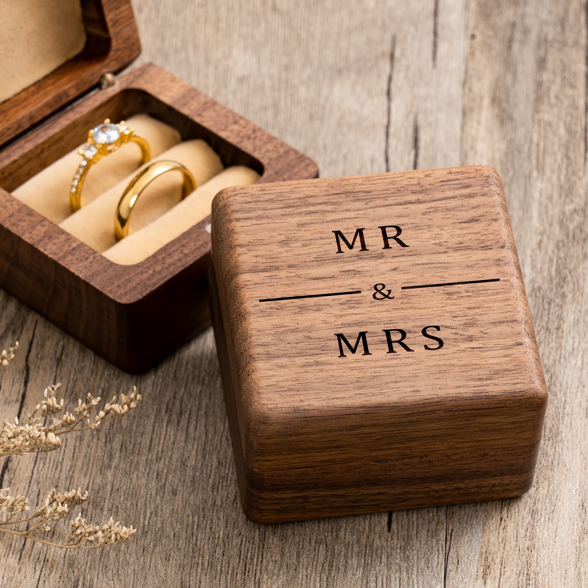 Walnut Wood Ring Box – MR & MRS classic serif with decorative dividers, timeless