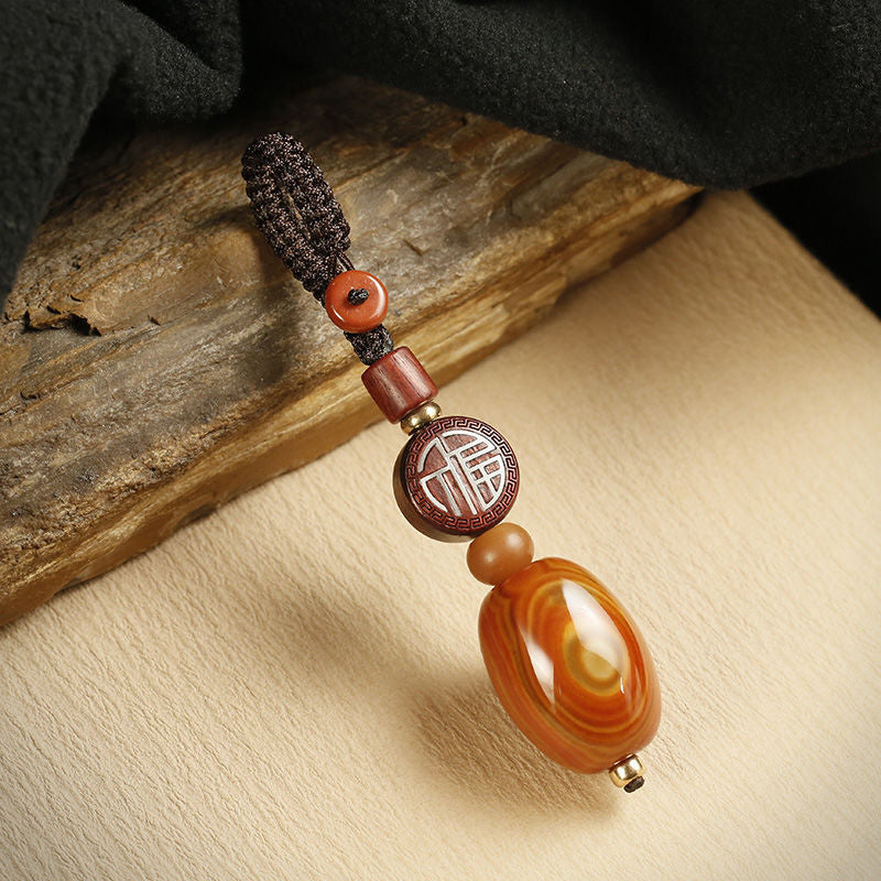 Red Agate Car Keychain – red agate with fu-character wood disc on wood and linen, fortune protection keychain