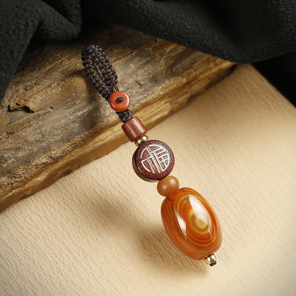 Red Agate Car Keychain – red agate with fu-character wood disc on wood and linen, fortune protection keychain